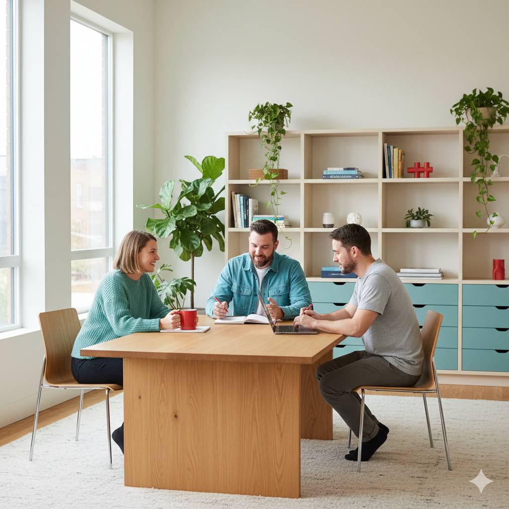 De sfeer in het huis doet denken aan een kleine groep mensen die samen rond een houten tafel werken