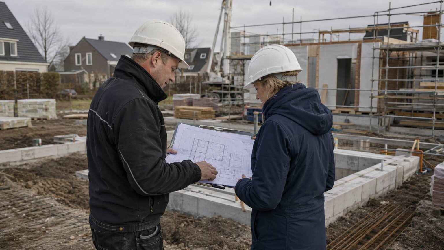 Aannemer en opdrachtgever bespreken bouwtekeningen op de bouwplaats van een nieuwbouwhuis. aannemer huis bouwen