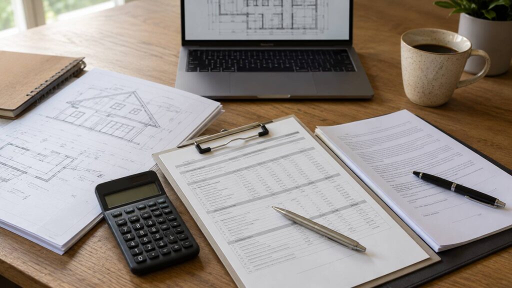 Bouwtekeningen, offerte, contract en calculator op tafel voor het beoordelen van een aannemer.