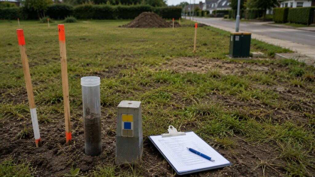 Bouwgrond met bodemmonster, meetpunten en nutsmarkering voor controle vóór nieuwbouw.