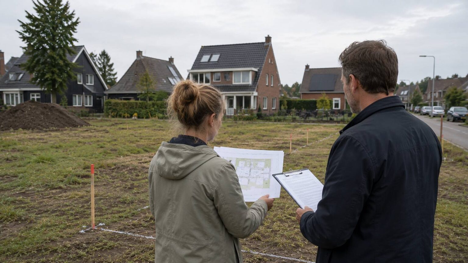 Architect en opdrachtgever beoordelen een lege bouwkavel met bouwtekeningen en meetpunten. bouwgrond kopen