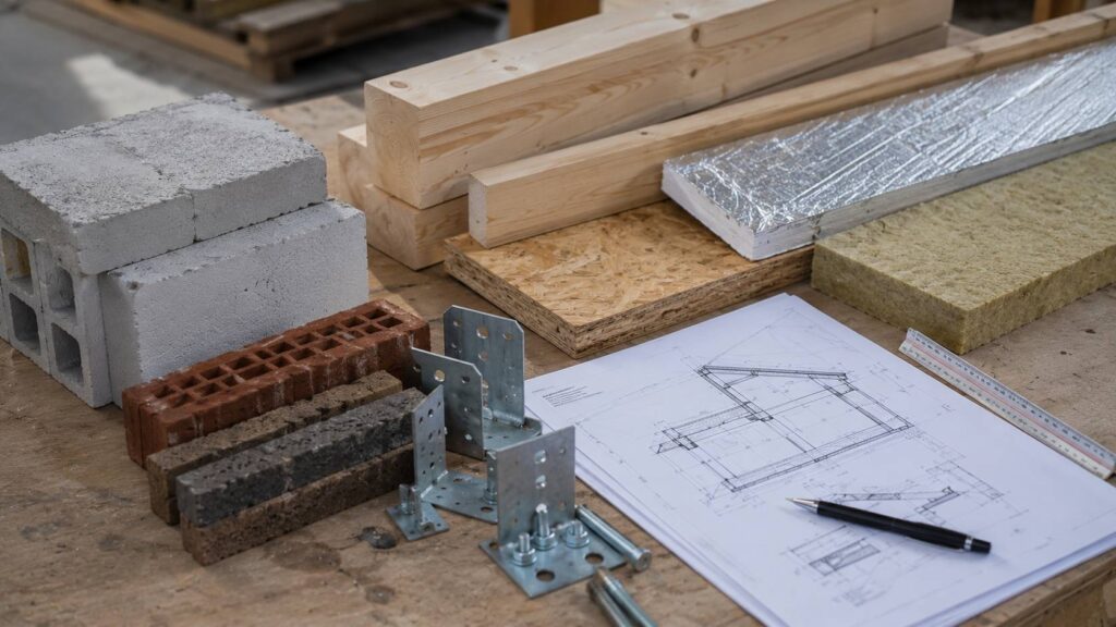 Bouwmaterialen zoals betonblokken, houten balken, isolatie en baksteen naast een technische bouwtekening.