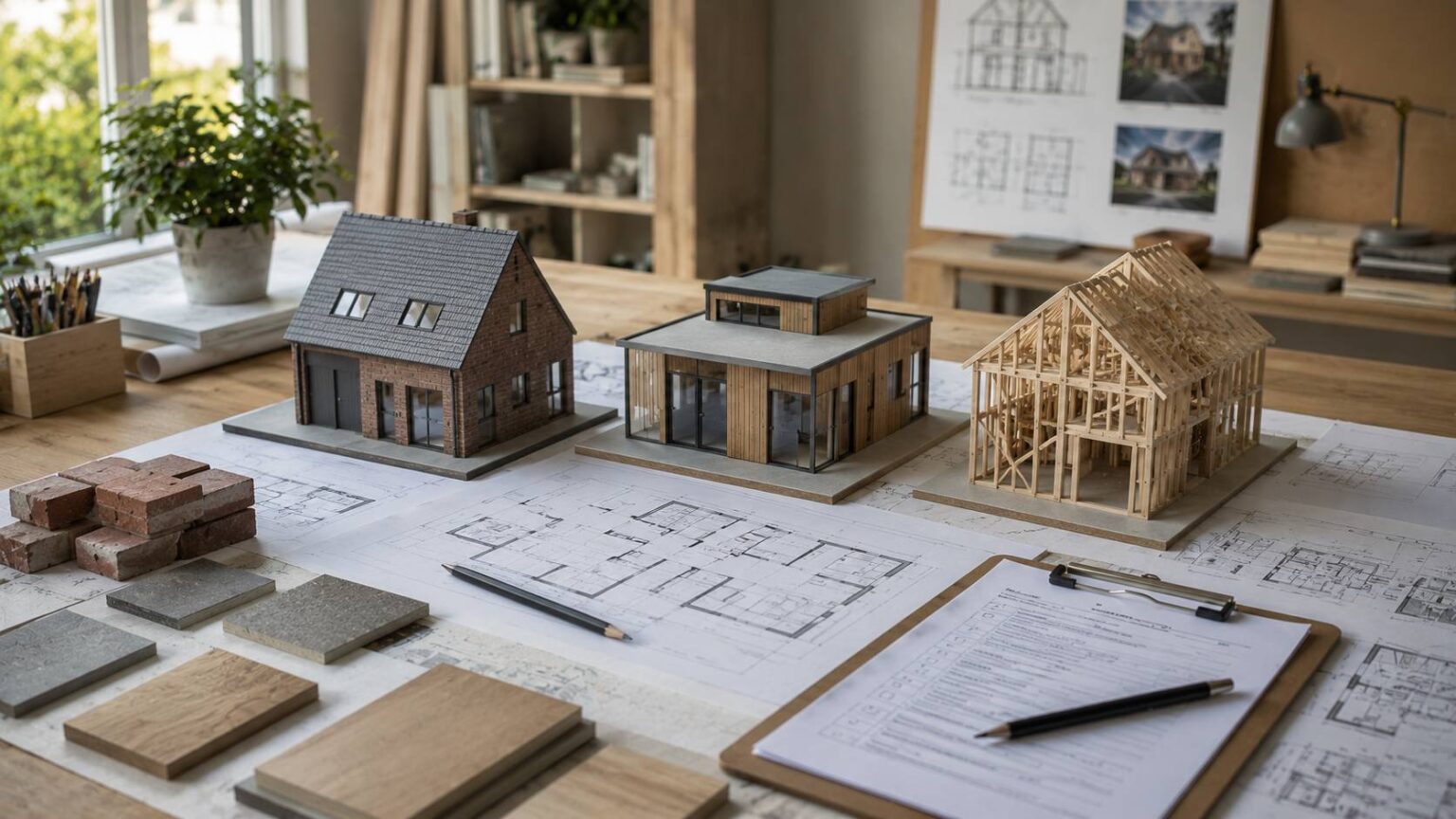 Tafel met woningmodellen, bouwtekeningen en materiaalstalen voor het vergelijken van bouwmethodes. bouwmethodes huis bouwen