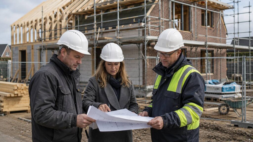 Aannemer, architect en bouwbegeleider overleggen samen op de bouwplaats van een nieuwbouwhuis.