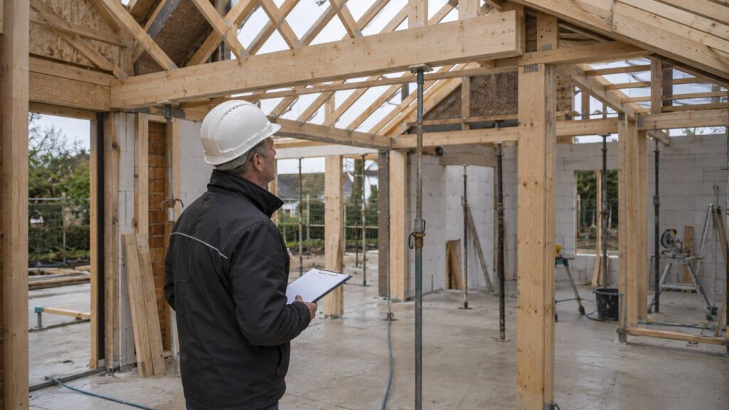 Bouwkundige controle van dakconstructie en draagconstructie tijdens de ruwbouw van een nieuwbouwhuis.