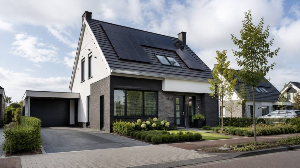 Modern nieuwbouwhuis met zonnepanelen, goede isolatie en energiezuinige ramen. duurzaam huis bouwen