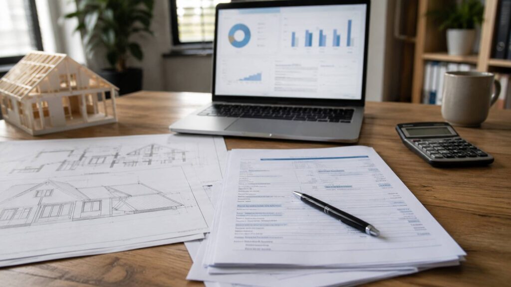 Bureau met bouwtekeningen, hypotheekdocumenten en calculator voor de financiering van een huis bouwen.