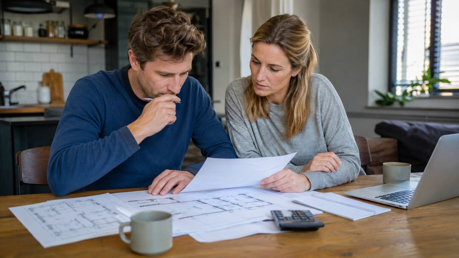 Stel bespreekt de kosten van een huis bouwen met bouwtekeningen, budgetoverzicht en calculator op tafel. huis bouwen kosten