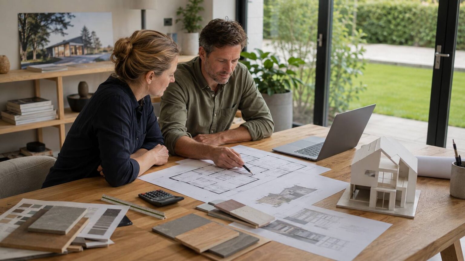Architect en opdrachtgever bespreken bouwtekeningen en indeling voor een nieuwbouwhuis. huis ontwerpen