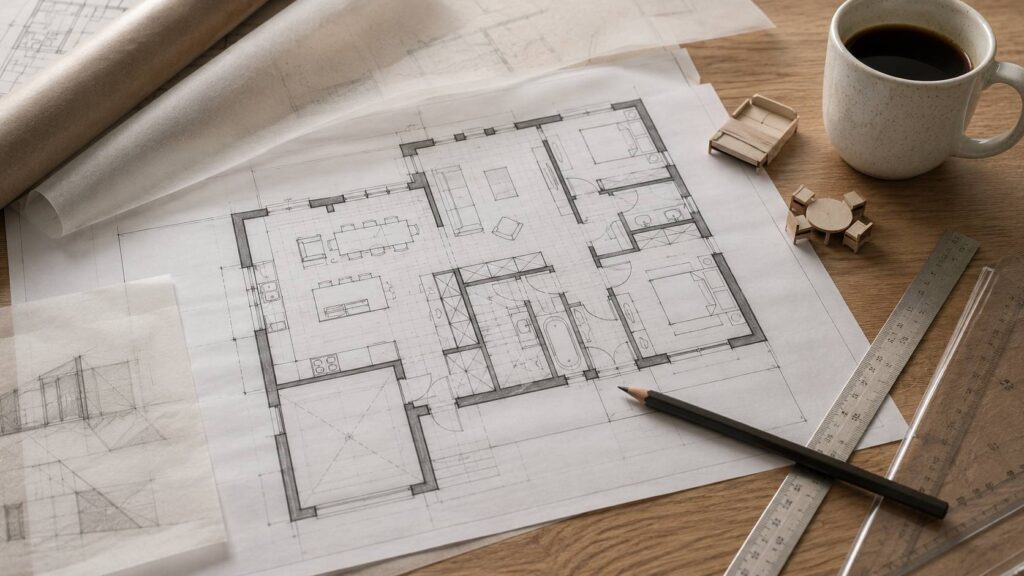 Plattegrond van een nieuwbouwhuis met potlood, liniaal en indelingsschetsen op tafel.