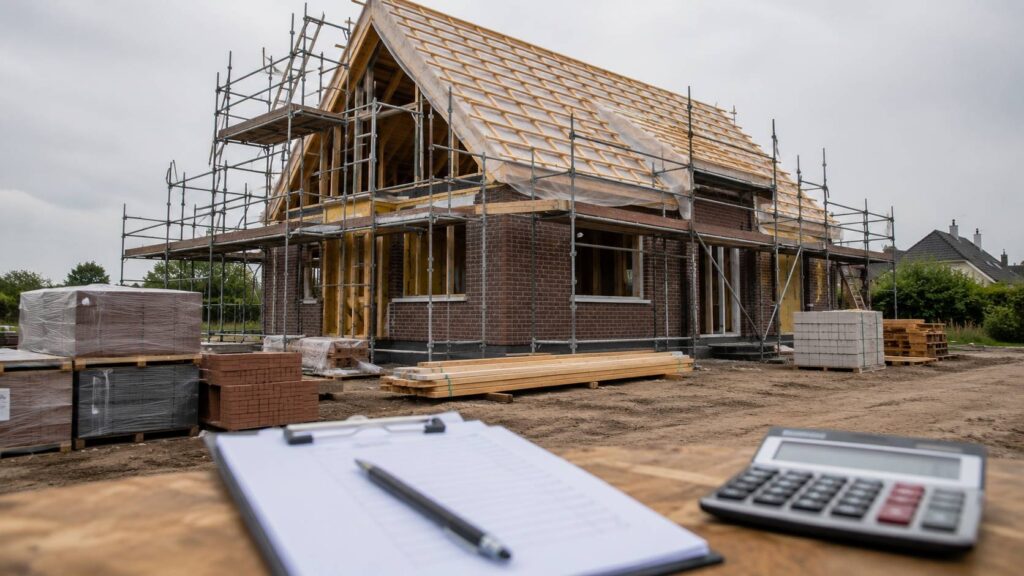 Nieuwbouwwoning in aanbouw met bouwmaterialen, steigers en een kostenchecklist op de voorgrond.