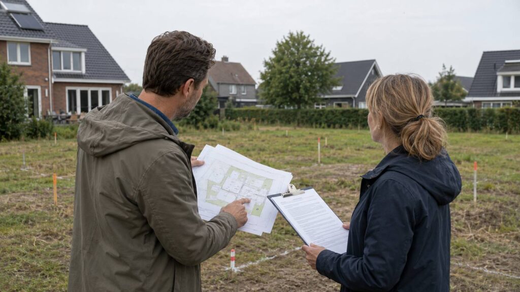 Architect en opdrachtgever bekijken bouwregels en kaveltekeningen op een lege bouwkavel.