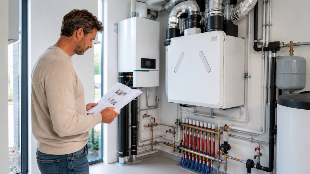 Bewoner controleert onderhoudsdocumenten bij warmtepomp, ventilatie-unit en vloerverwarmingverdeler.