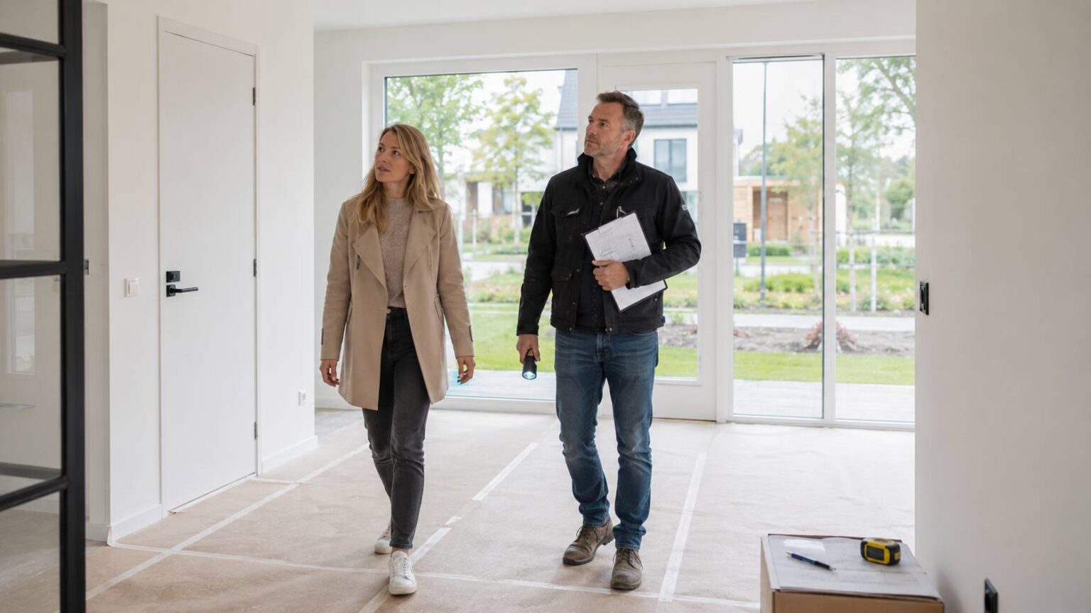 Bouwkundige en opdrachtgever controleren de oplevering van een nieuwbouwwoning met checklist. oplevering nieuwbouwwoning