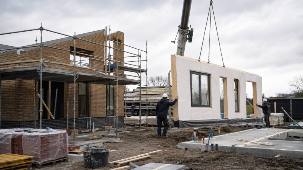 Bouwplaats met prefab wandelement en traditioneel metselwerk voor vergelijking van bouwmethodes.