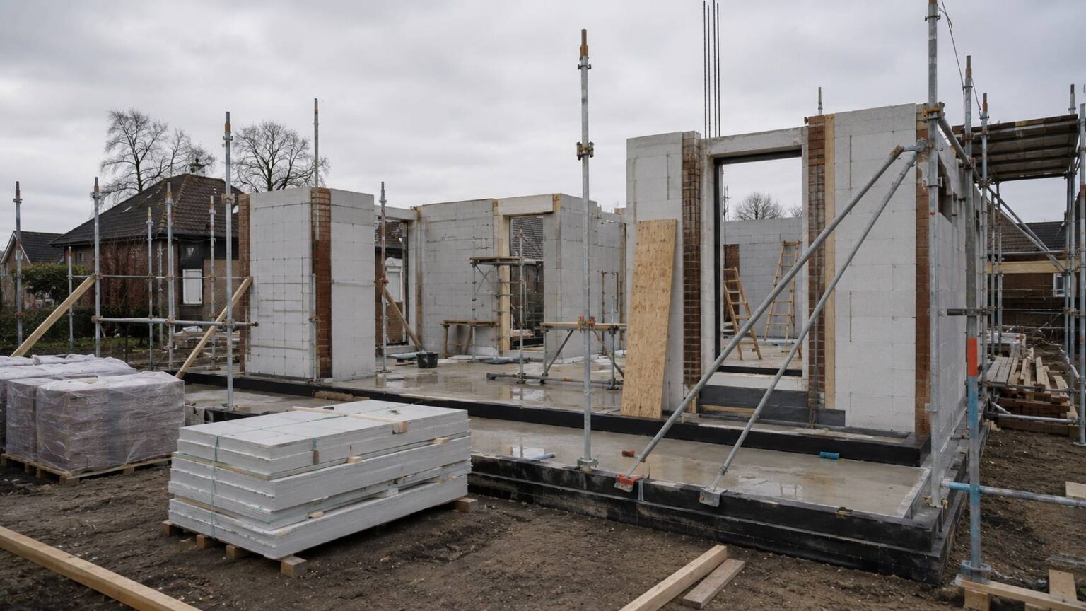 Ruwbouw van een nieuwbouwhuis met fundering, betonnen vloer, constructieve wanden en steigers. constructie nieuwbouw