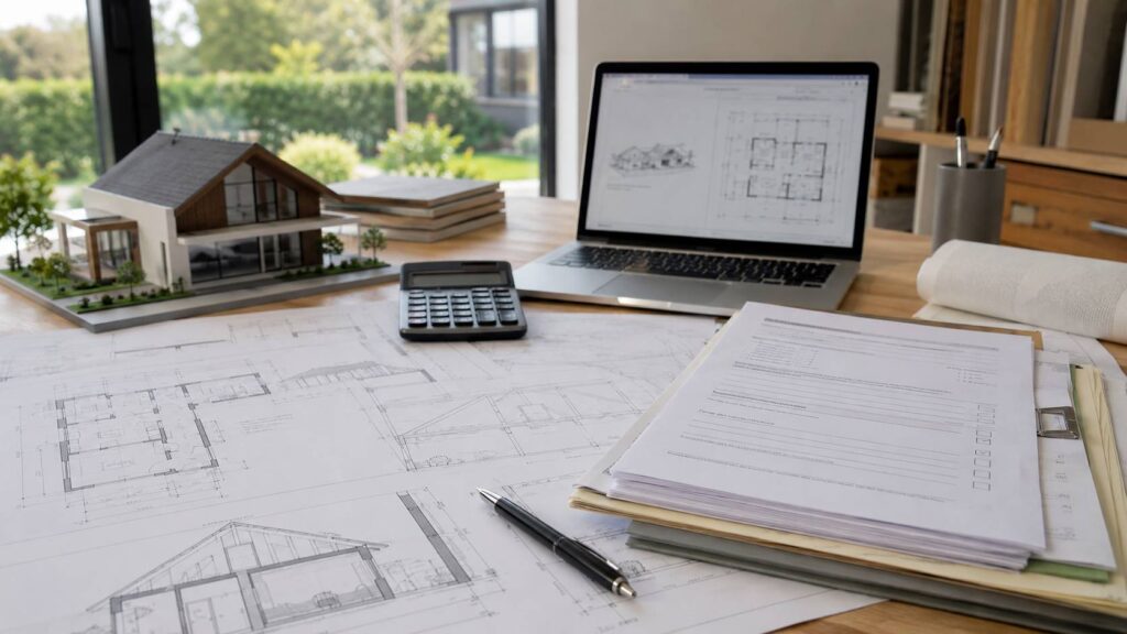 Bouwtekeningen, vergunningdocumenten en laptop op tafel voor het voorbereiden van een vergunning huis bouwen. vergunning huis bouwen