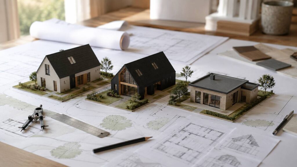 Maquettes van een vrijstaand huis, schuurwoning en bungalow op een situatietekening.