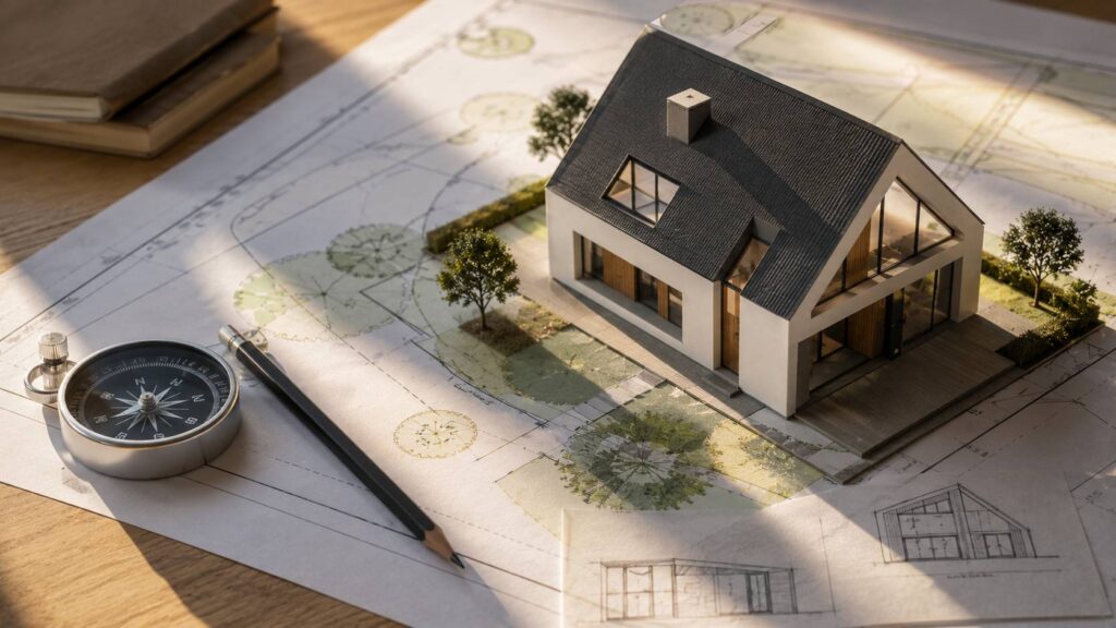 Maquette van een nieuwbouwhuis op een situatietekening met zonlicht en kompas voor oriëntatie.